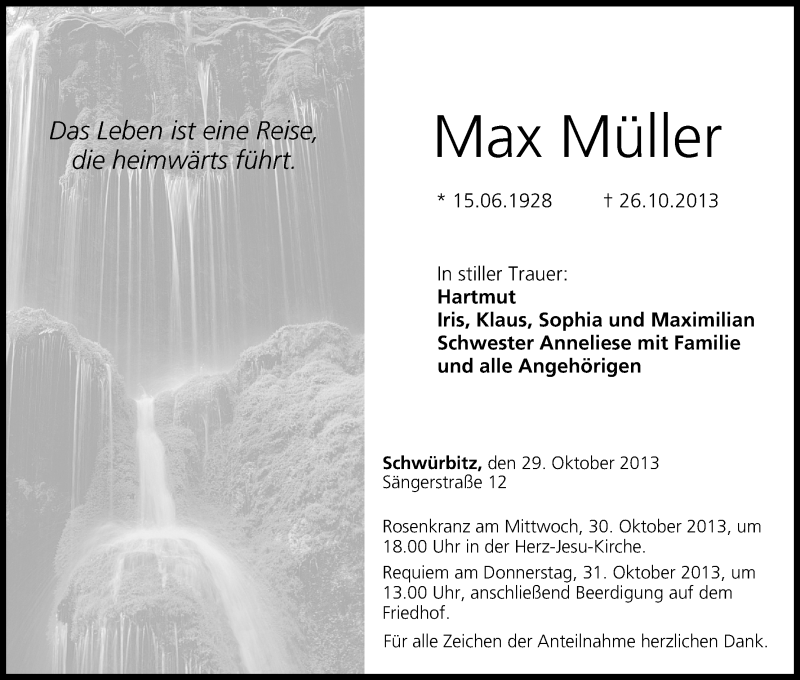  Traueranzeige für Max Müller vom 29.10.2013 aus MGO
