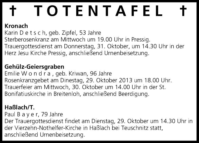  Traueranzeige für Totentafel vom 29.10.2013 vom 29.10.2013 aus MGO