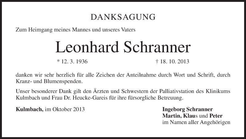  Traueranzeige für Leonhard Schranner vom 30.10.2013 aus MGO