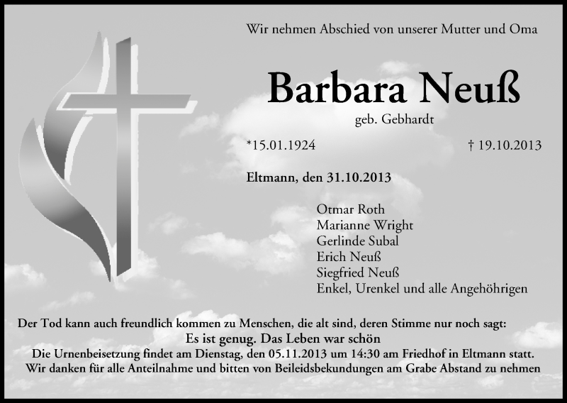  Traueranzeige für Barbara Neuß vom 01.11.2013 aus MGO