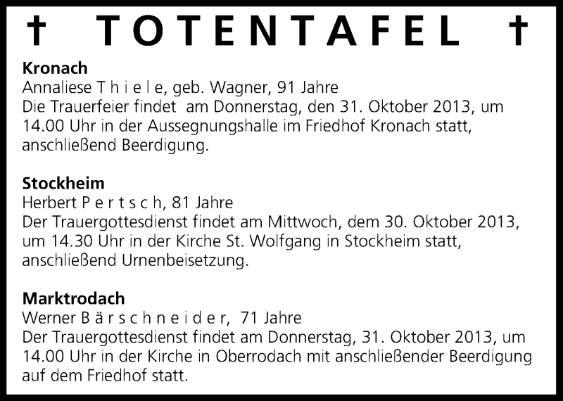  Traueranzeige für Totentafel vom 30.10.2013 vom 30.10.2013 aus MGO