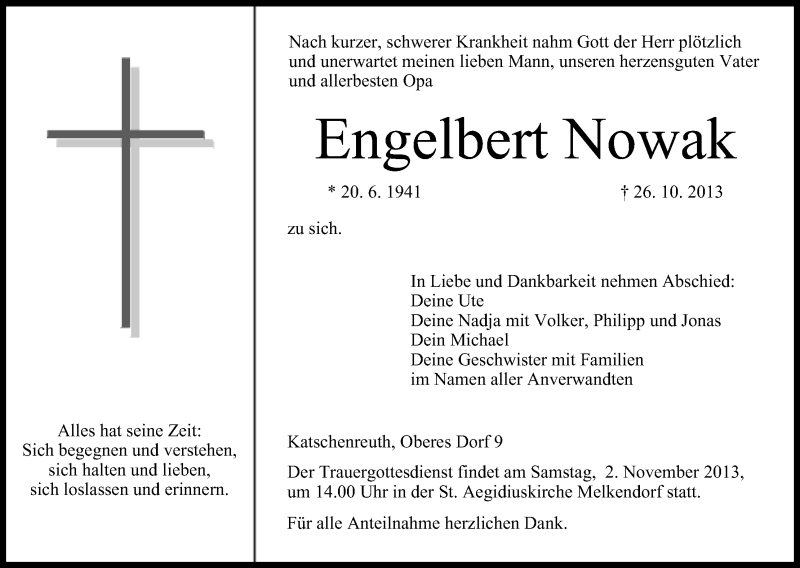  Traueranzeige für Engelbert Nowak vom 31.10.2013 aus MGO