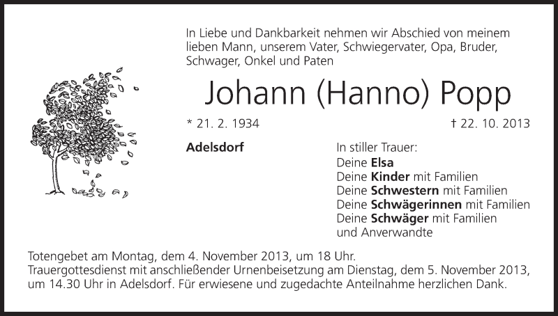  Traueranzeige für Johann Popp vom 01.11.2013 aus MGO