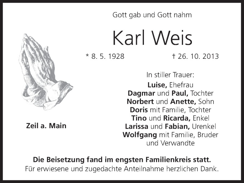 Traueranzeige für Karl Weis vom 01.11.2013 aus MGO