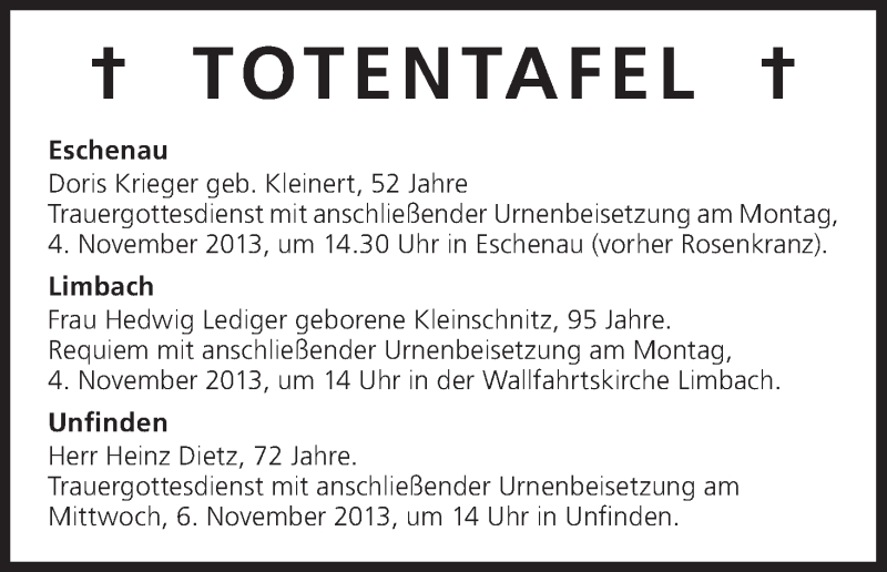  Traueranzeige für Totentafel vom 01.11.2013 vom 01.11.2013 aus MGO