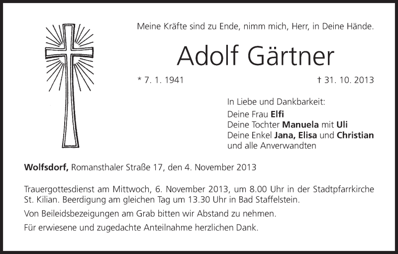  Traueranzeige für Adolf Gärtner vom 04.11.2013 aus MGO