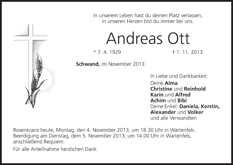  Traueranzeige für Andreas Ott vom 04.11.2013 aus MGO