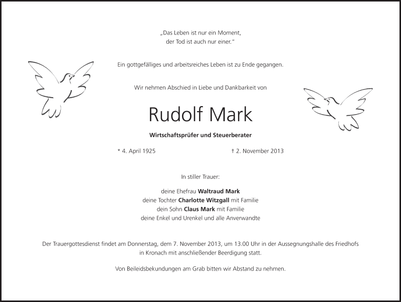  Traueranzeige für Rudolf Mark vom 05.11.2013 aus MGO