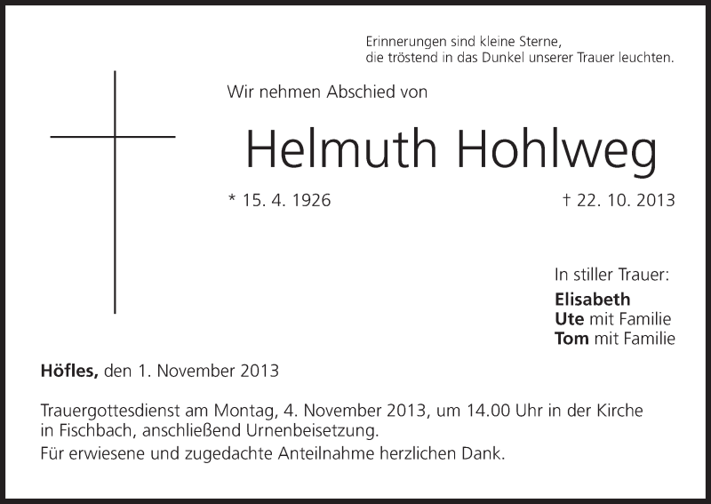  Traueranzeige für Helmuth Hohlweg vom 01.11.2013 aus MGO