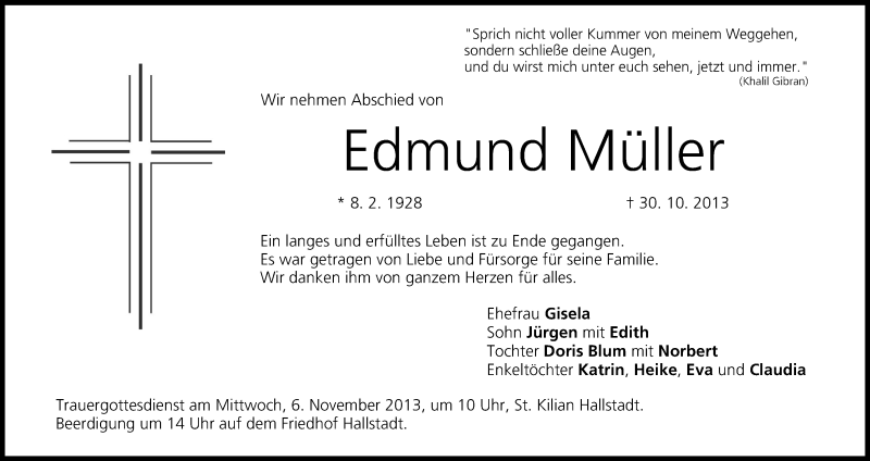  Traueranzeige für Edmund Müller vom 01.11.2013 aus MGO