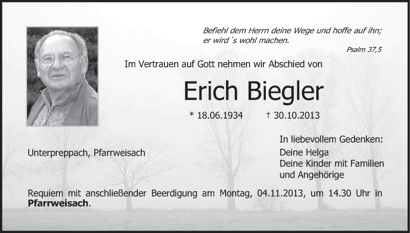  Traueranzeige für Erich Biegler vom 01.11.2013 aus MGO