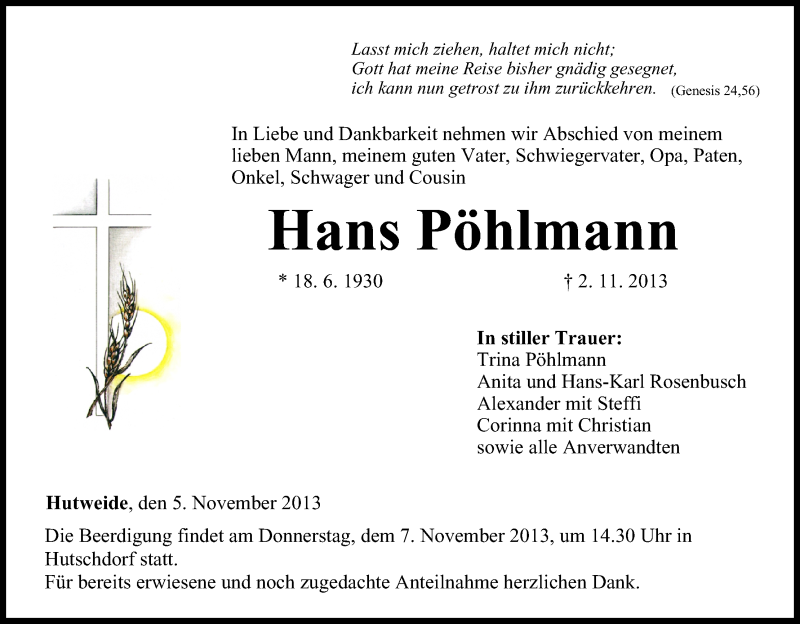 Traueranzeige für Hans Pöhlmann vom 05.11.2013 aus MGO