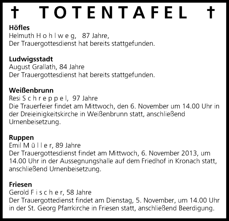  Traueranzeige für Totentafel vom 05.11.2013 vom 05.11.2013 aus MGO