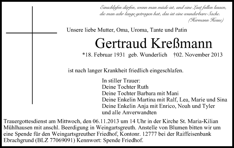  Traueranzeige für Gertraud Kreßmann vom 05.11.2013 aus MGO