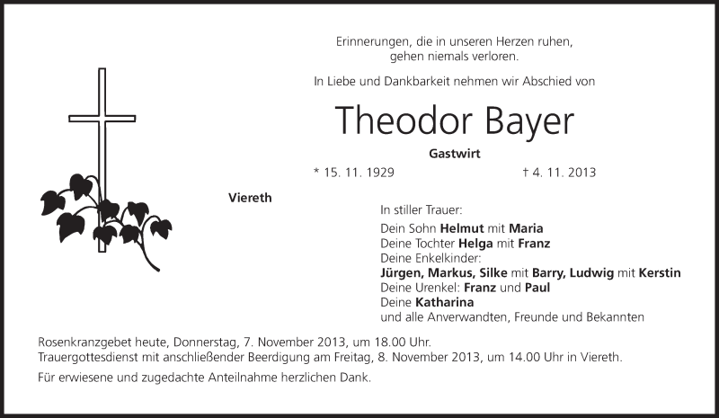 Traueranzeige für Theodor Bayer vom 07.11.2013 aus MGO