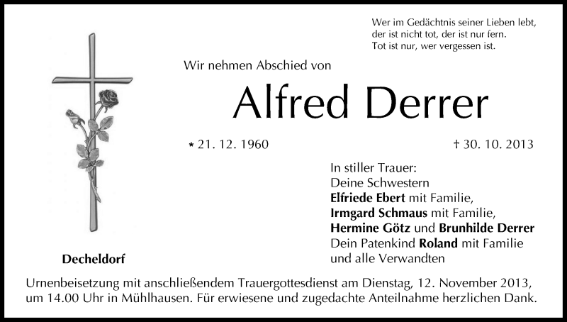  Traueranzeige für Alfred Derrer vom 06.11.2013 aus MGO