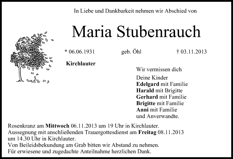  Traueranzeige für Maria Stubenrauch vom 06.11.2013 aus MGO