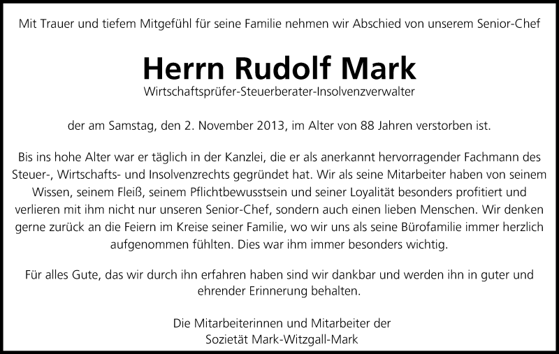  Traueranzeige für Rudolf Mark vom 06.11.2013 aus MGO