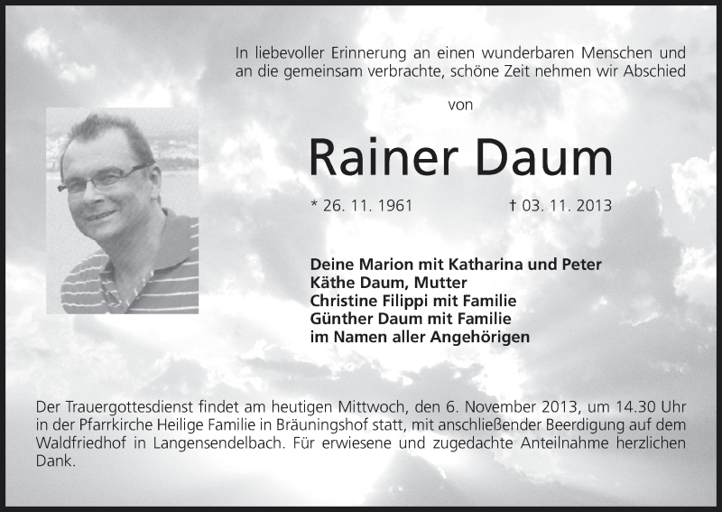  Traueranzeige für Rainer Daum vom 06.11.2013 aus MGO