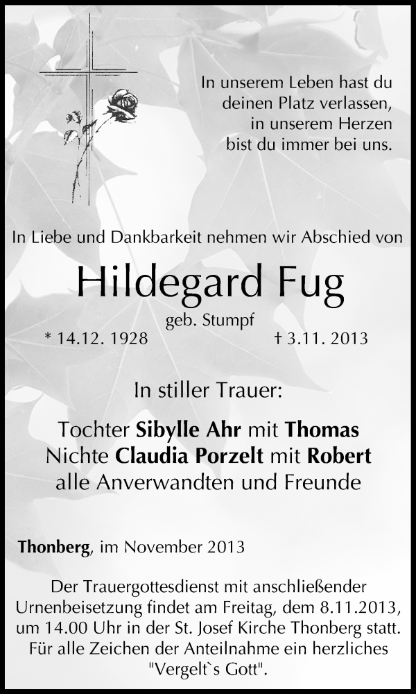  Traueranzeige für Hildegard Fug vom 06.11.2013 aus MGO