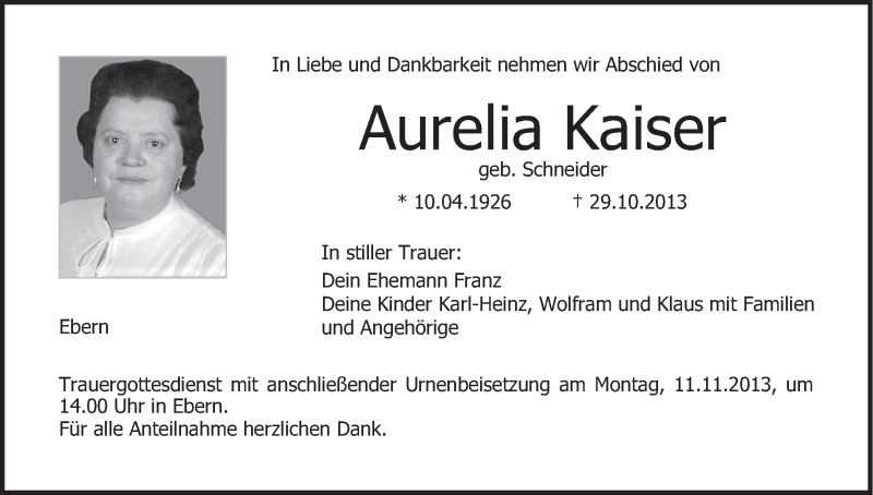  Traueranzeige für Aurelia Kaiser vom 08.11.2013 aus MGO