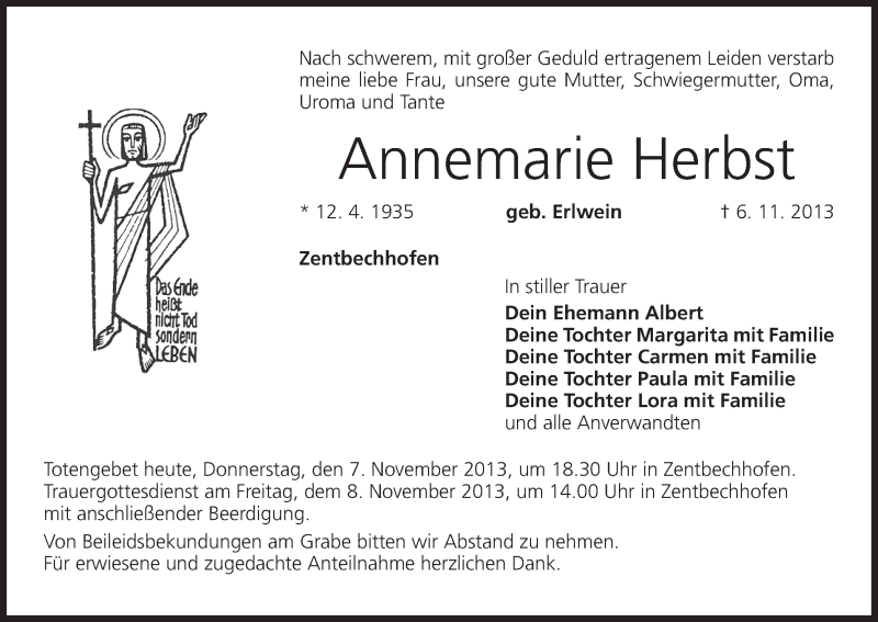  Traueranzeige für Annemarie Herbst vom 07.11.2013 aus MGO