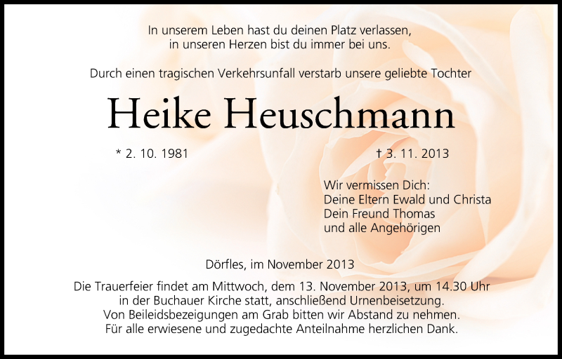  Traueranzeige für Heike Heuschmann vom 11.11.2013 aus MGO