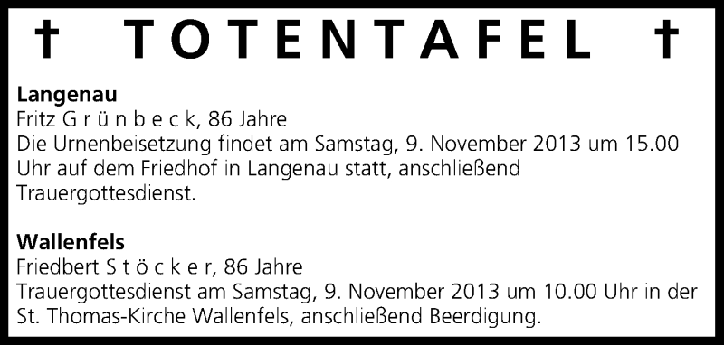  Traueranzeige für Totentafel vom 08.11.2013 vom 08.11.2013 aus MGO