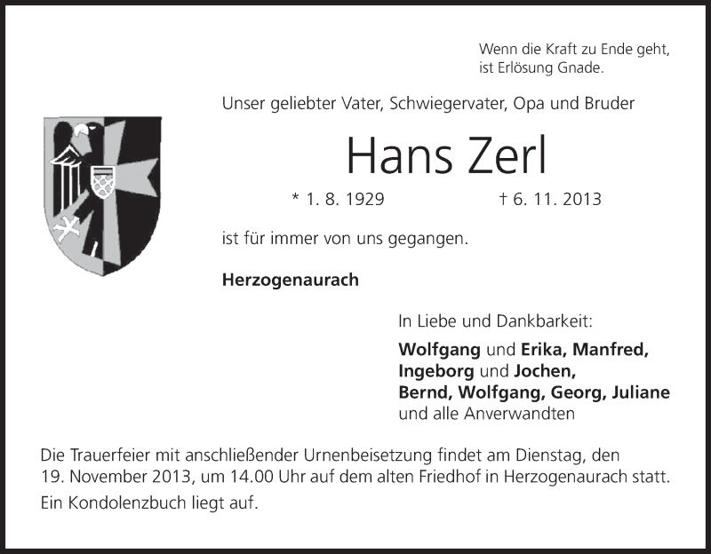  Traueranzeige für Hans Zerl vom 09.11.2013 aus MGO
