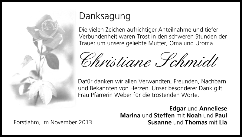  Traueranzeige für Christiane Schmidt vom 09.11.2013 aus MGO