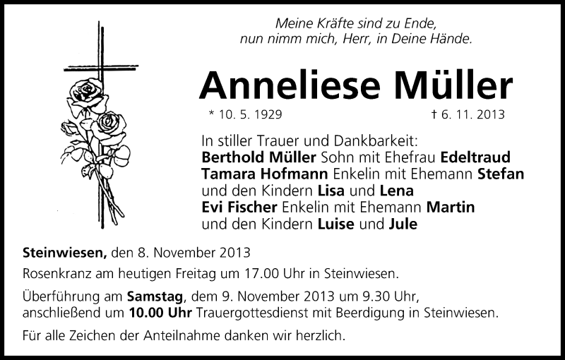  Traueranzeige für Anneliese Müller vom 08.11.2013 aus MGO