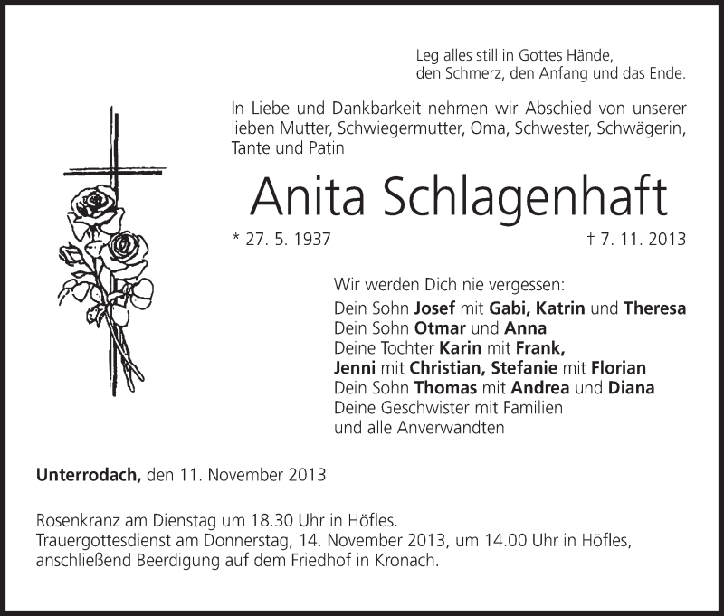  Traueranzeige für Anita Schlagenhaft vom 11.11.2013 aus MGO