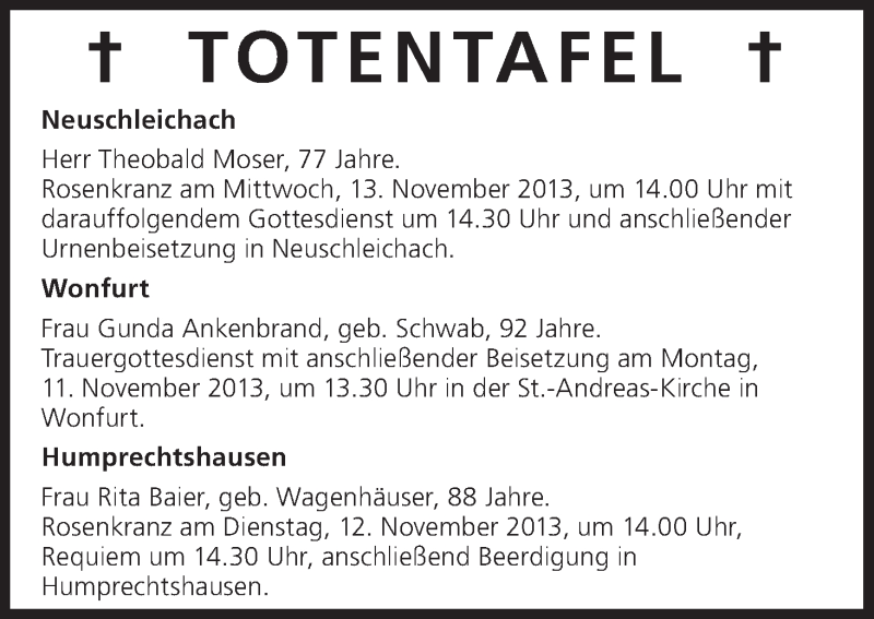  Traueranzeige für Totentafel vom 11.11.2013 vom 11.11.2013 aus MGO