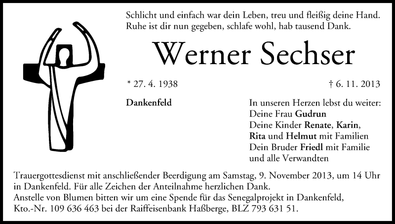  Traueranzeige für Werner Sechser vom 08.11.2013 aus MGO
