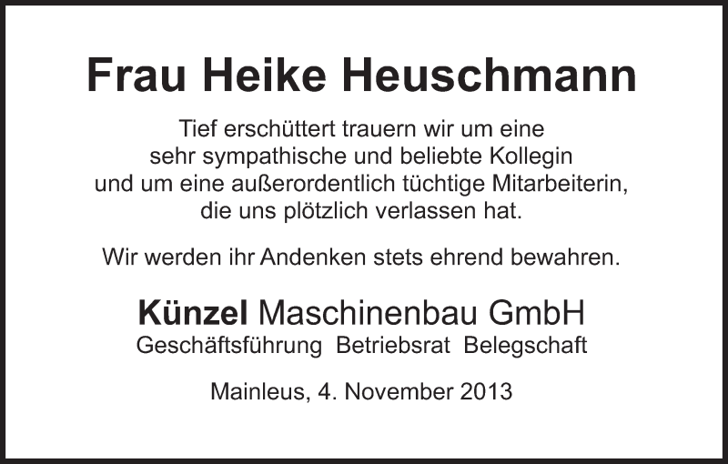  Traueranzeige für Heike Heuschmann vom 11.11.2013 aus MGO