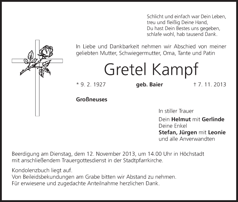  Traueranzeige für Gretel Kampf vom 09.11.2013 aus MGO