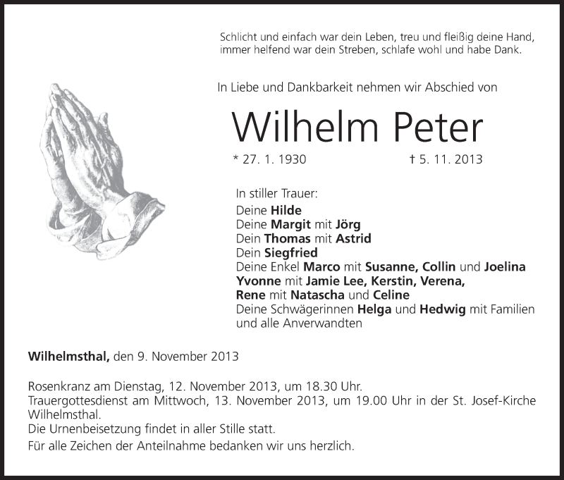  Traueranzeige für Wilhelm Peter vom 09.11.2013 aus MGO