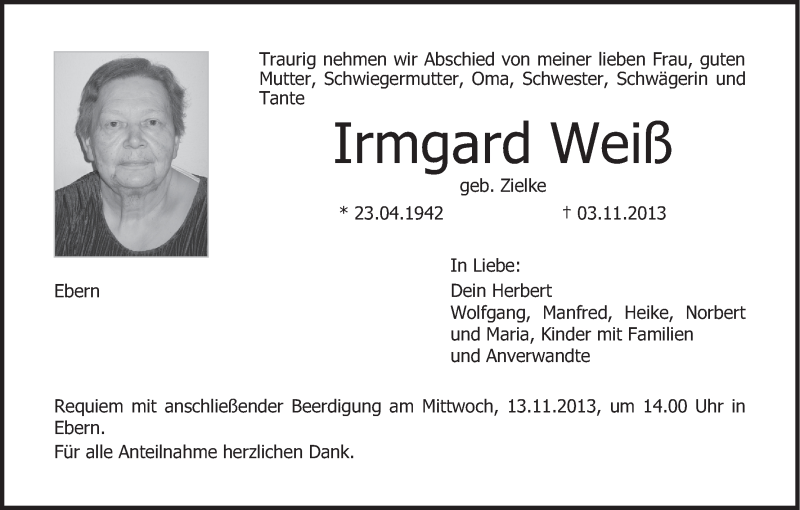  Traueranzeige für Irmgard Weiß vom 09.11.2013 aus MGO