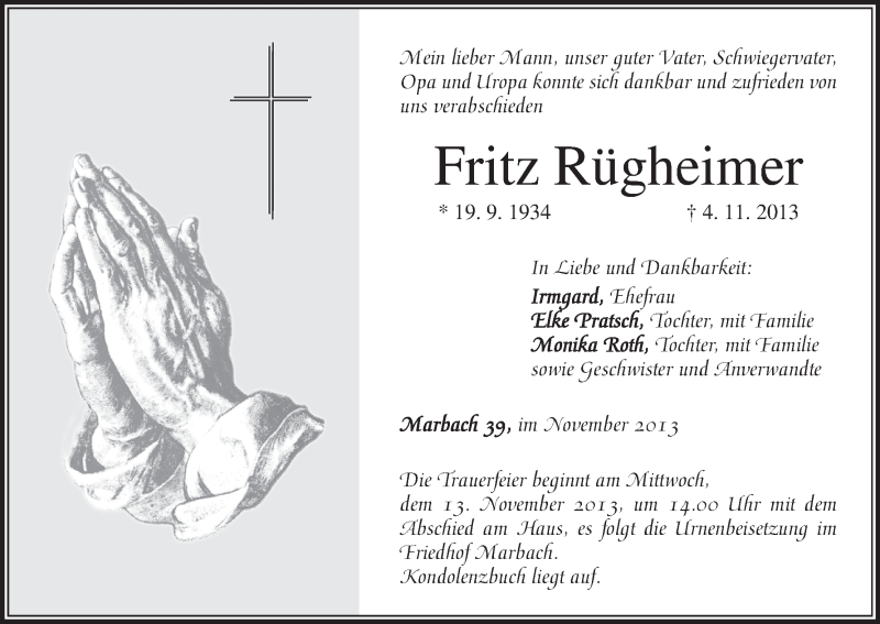  Traueranzeige für Fritz Rügheimer vom 09.11.2013 aus MGO