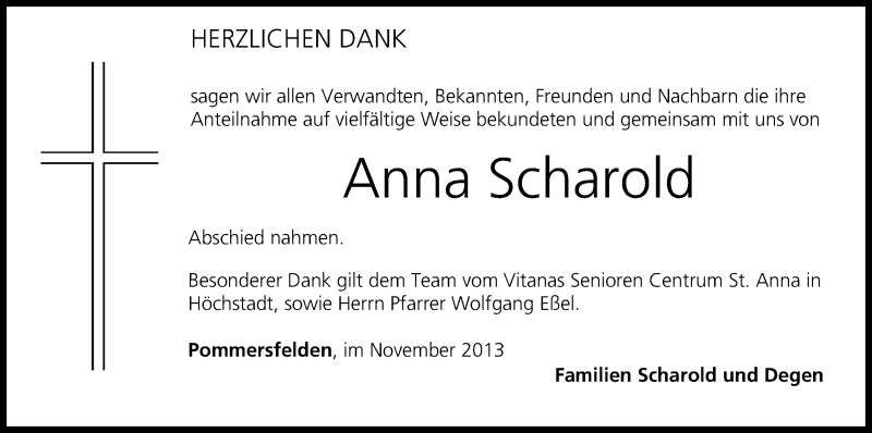  Traueranzeige für Anna Scharold vom 09.11.2013 aus MGO