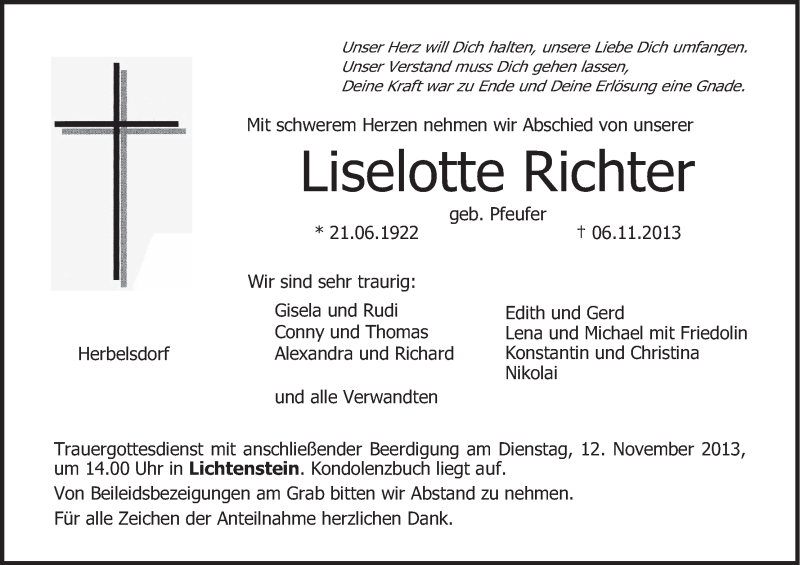  Traueranzeige für Liselotte Richter vom 09.11.2013 aus MGO