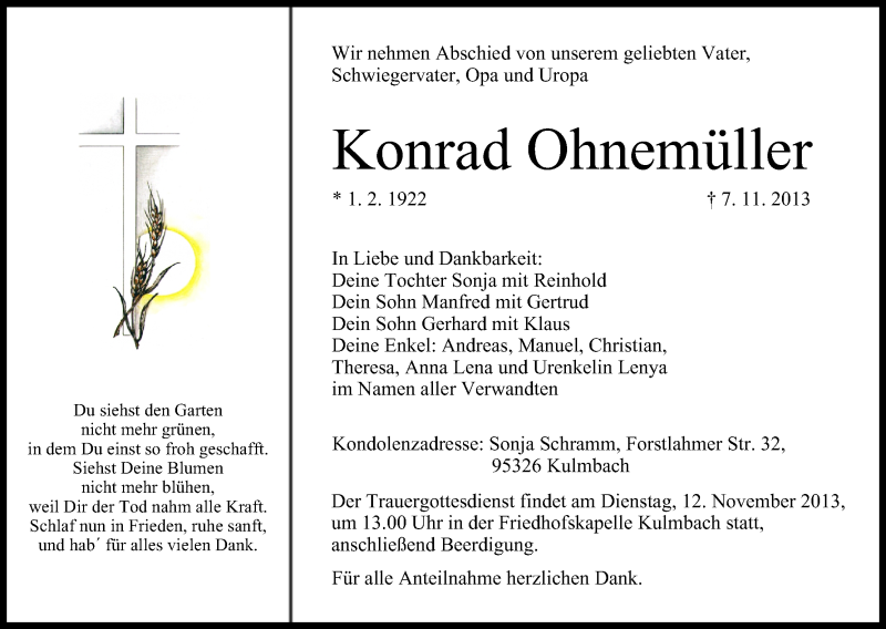  Traueranzeige für Konrad Ohnemüller vom 09.11.2013 aus MGO