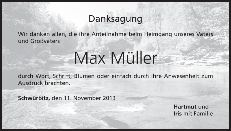  Traueranzeige für Max Müller vom 11.11.2013 aus MGO