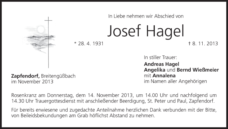  Traueranzeige für Josef Hagel vom 12.11.2013 aus MGO