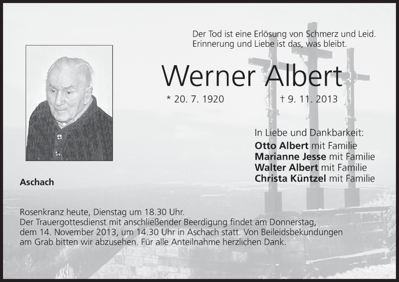  Traueranzeige für Werner Albert vom 12.11.2013 aus MGO