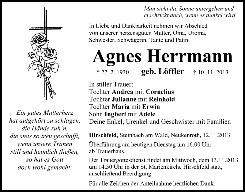  Traueranzeige für Agnes Herrmann vom 12.11.2013 aus MGO