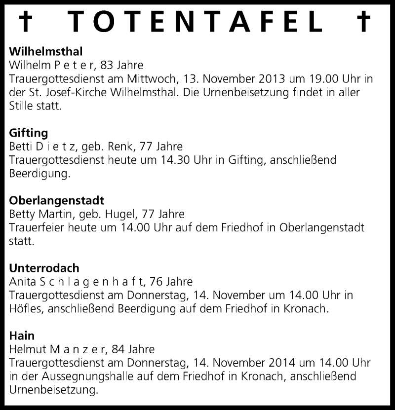  Traueranzeige für Totentafel vom 12.11.2013 vom 12.11.2013 aus MGO