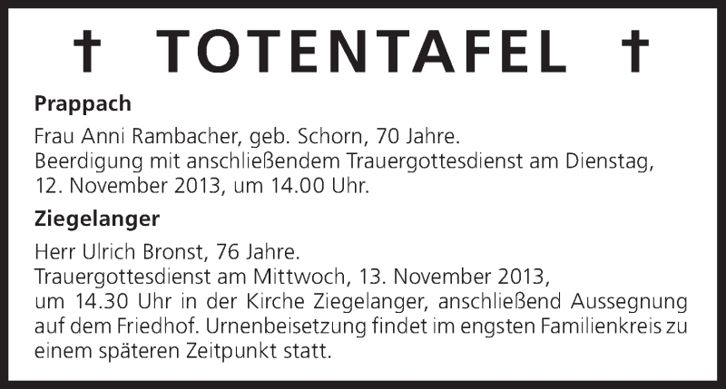  Traueranzeige für Totentafel vom 12.11.2013 vom 12.11.2013 aus MGO