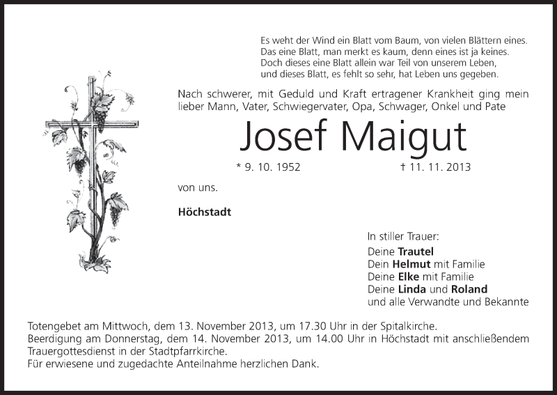  Traueranzeige für Josef Maigut vom 12.11.2013 aus MGO