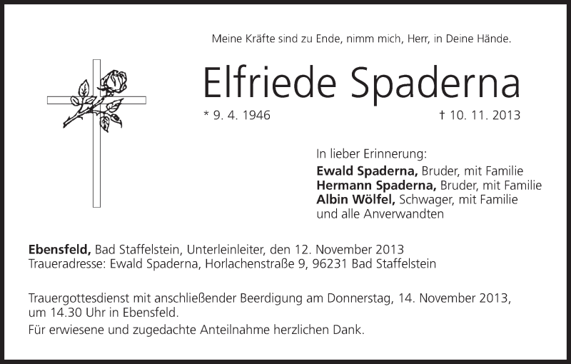  Traueranzeige für Elfriede Spaderna vom 12.11.2013 aus MGO